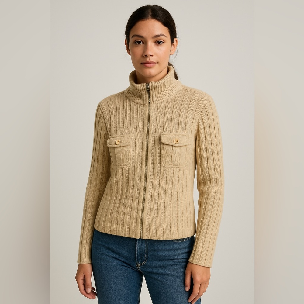 [M] J. CREW Cardigan Lambswool Zip-Up Ribbed Sweater Beige wool winter